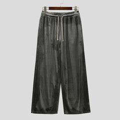 Threebooy  Men Pants Solid Drawstring Joggers Casual Trousers Men Velour Loose Shiny Streetwear Korean Style Fashion Long Pants