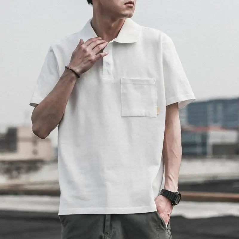 Threebooy  Summer Solid Color Minimalist Polo Shirt Mens Loose Collar Short Sleeve Pocket Trendy T Shirt