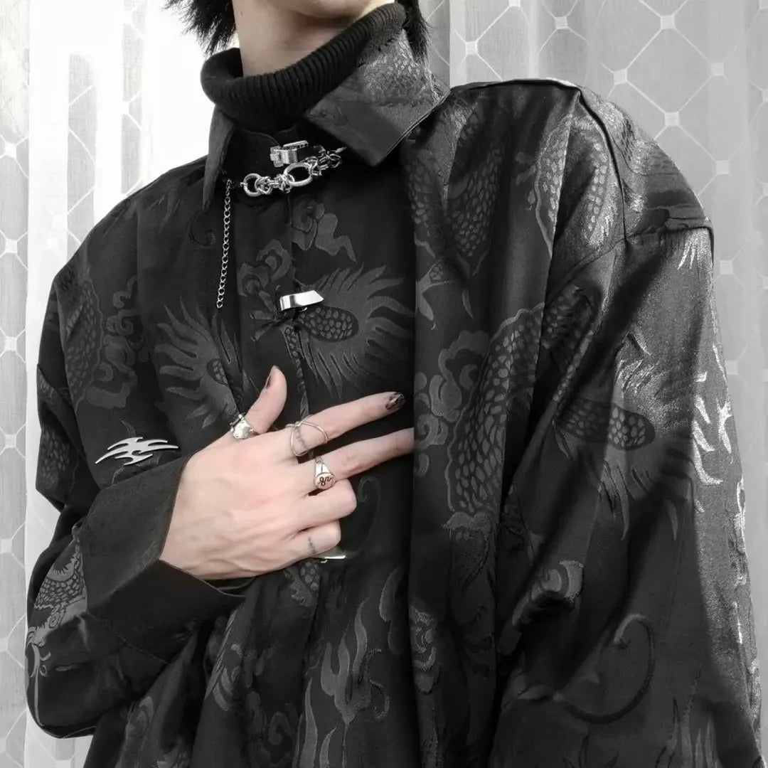 New Chinese Style Dragon Pattern Jacquard Silk Shirt For Men Casual Metal Buckle Dull Black Aesthetic Neutral Loose-fit Shirt