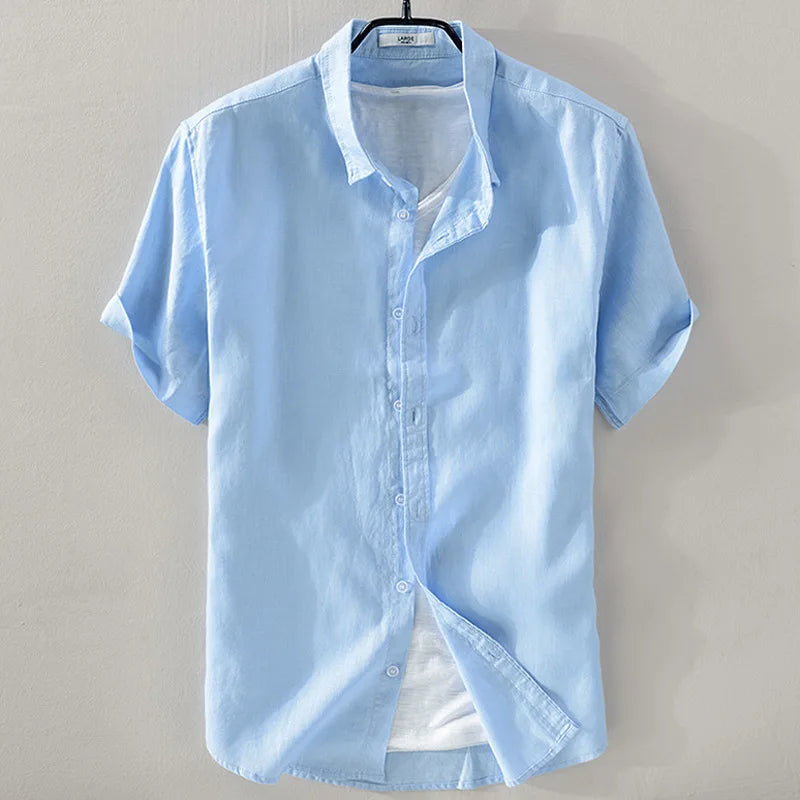 Threebooy Summer Men's Breathable Cotton Linen Shirt Short Sleeve Casual Turn Down Collar Loose Top Male Shirts