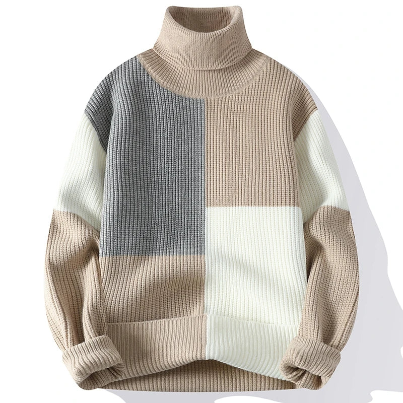 Threebooy  Autumn Winter Fashion Turtleneck Sweaters Men Patchwork Knitted Pullovers Mens Warm Casual Knit Turtleneck Pullover Sweater Man