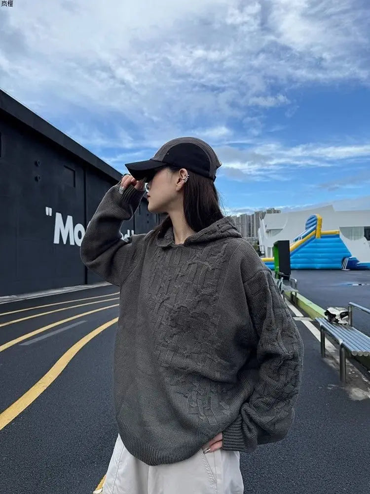 Threebooy Autumn and winter American fashion men and women knitted hooded couple loose retro personality Harajuku casual sweater y2k