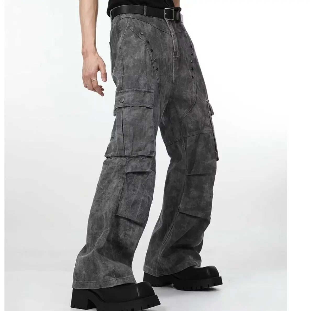 Threebooy American high street hip-hop men and women trendy personality straight leg multi pocket jeans couple loose retro casual pants