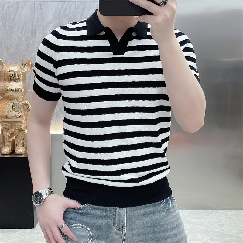 Threebooy  Summer Striped Knitted Polo T-shirts Men Short Sleeve Casual Business Lapel Tshirt Slim Fit Ice Silk Breathable Knitwear