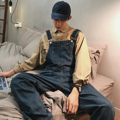 Threebooy Denim Jumpsuits Male Solid Basic Overalls High Street Man New Hot Sale Blue Vintage Fashion Man Casual Loose Wild Jumpsuit