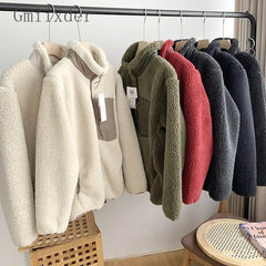 Threebooy Autumn Winter Lambswool Coat Male Loose Windproof Warm Sherpa Stand Collar Polar Fleece Jacket Unisex Simple  Pocket Spliced Top