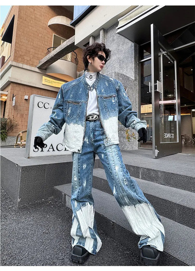 Threebooy Men's New 2-Piece Bleached Faded Denim Set