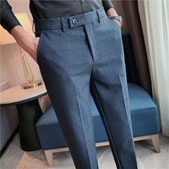 Threebooy High Quality Men's Formal Pants Office Social Business Fashion Plaid Suit Pants Casual Slim Wedding Street Wear Trousers 38