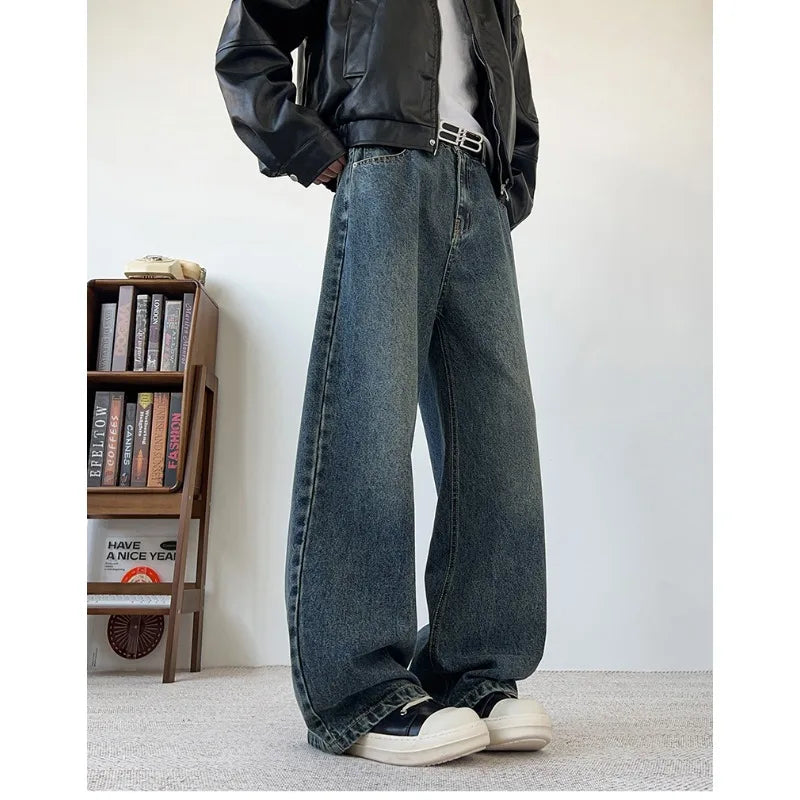 Threebooy Men's Wide Leg Curved-Knife Jeans Summer American Bamboo Pattern Striped Texture Design Men Trendy Denim Pants 2025 Baggy Jeans