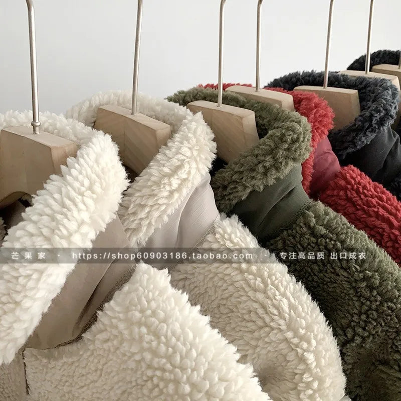 Threebooy Autumn Winter Lambswool Coat Male Loose Windproof Warm Sherpa Stand Collar Polar Fleece Jacket Unisex Simple  Pocket Spliced Top