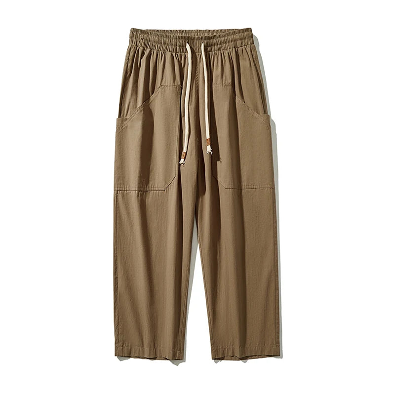 Threebooy Summer Thin Cotton Pants Men Fashion Retro Casual Pants Men Japanese Streetwear Hip-hop Loose Wide Leg Pants Mens Trousers