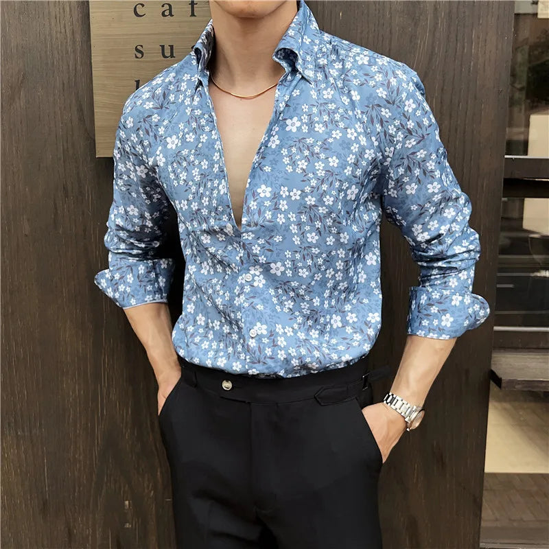 Threebooy  Spring New Fashion V Neck Long Sleeve Floral Shirts for Men Clothing Slim Fit Casual Prom Tuxedo Chemise Homme Streetwear