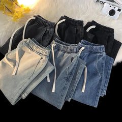 Threebooy  Autumn Jeans Men's Baggy Straight Drawstring Elastic Waist Personality Fashion Vintage Denim Trousers Streetwear 3XL