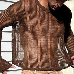 Threebooy New Arrivals 2024 Audumn Sexy Hollow Mesh Knit T-shirts Men Streetwear Pullovers Solid Long Sleeve Crew Neck Tees Mens Clothing