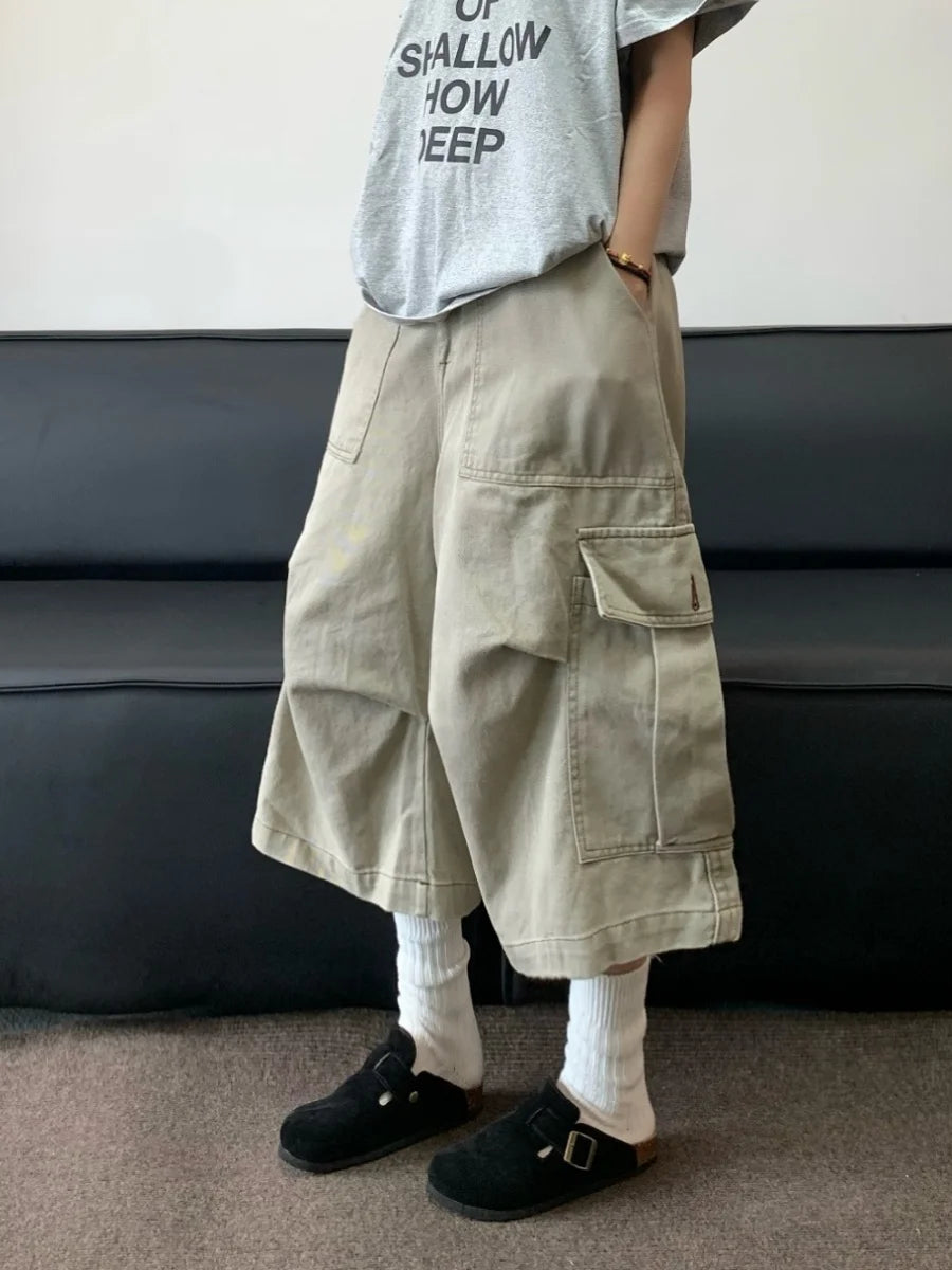 Threebooy  New Summer American Retro Large Pocket Work Trousers Men Women Street Casual Loose Straight-leg Fashion Wide-leg Shorts Urban