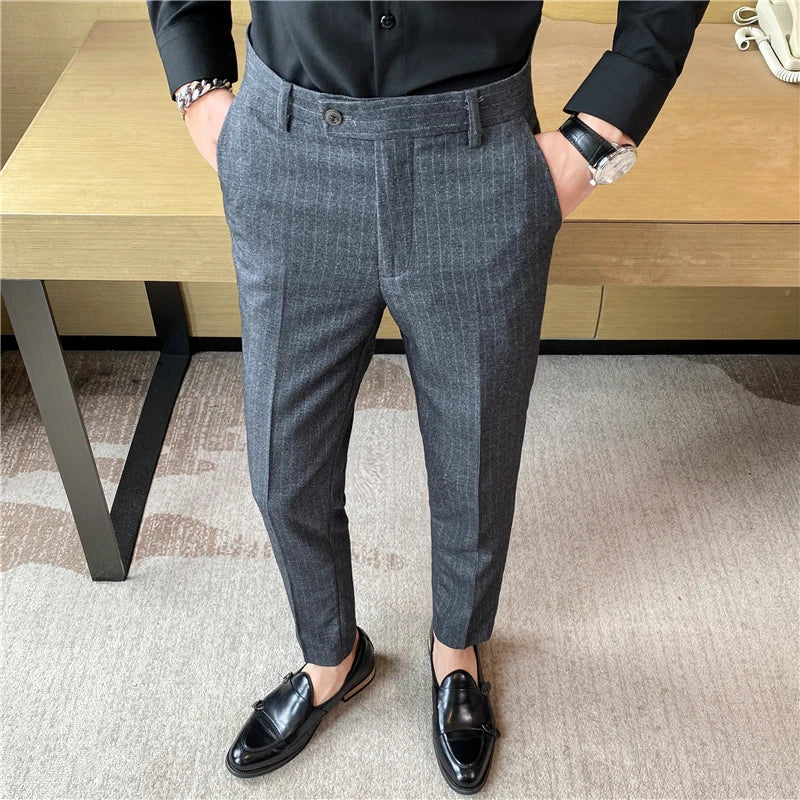 Threebooy Men's Spring Autumn New Fashion Business Casual stripe Suit Trousers Male Solid Color Straight Pants Men Loose Cotton Pants