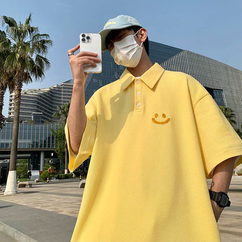 Threebooy Smiley POLO Shirt Oversize Loose Casual All-match Tops Fashion Short-sleeved T-shirt Summer Sports Lapel Men's Clothes Thin