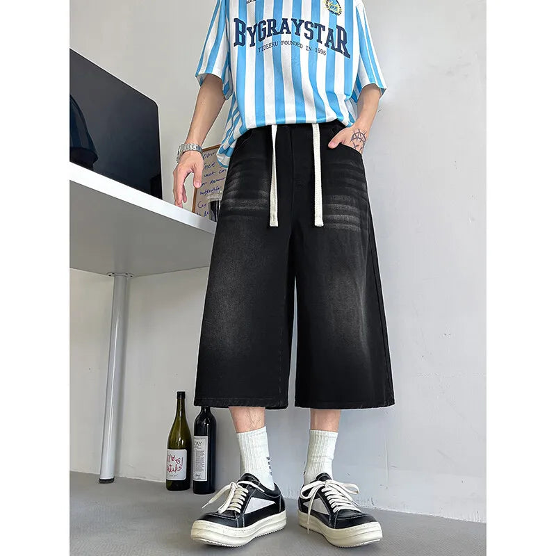 Threebooy  Loose Fit Cropped Jeans Elastic Drawstring Waist Stretch Denim Casual Wear Comfort Men Baggy Denin pants man  Fashion Trendy