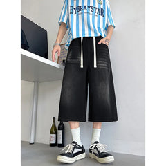 Threebooy  Loose Fit Cropped Jeans Elastic Drawstring Waist Stretch Denim Casual Wear Comfort Men Baggy Denin pants man  Fashion Trendy
