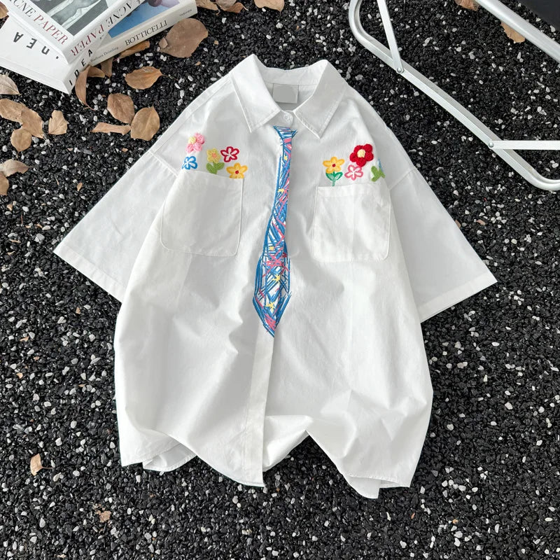 Threebooy Crayon Graffiti Tie Short Sleeve Shirt College Style Korean Style Fashion Floral Embroidered Shirt Design Niche Couple Blazer