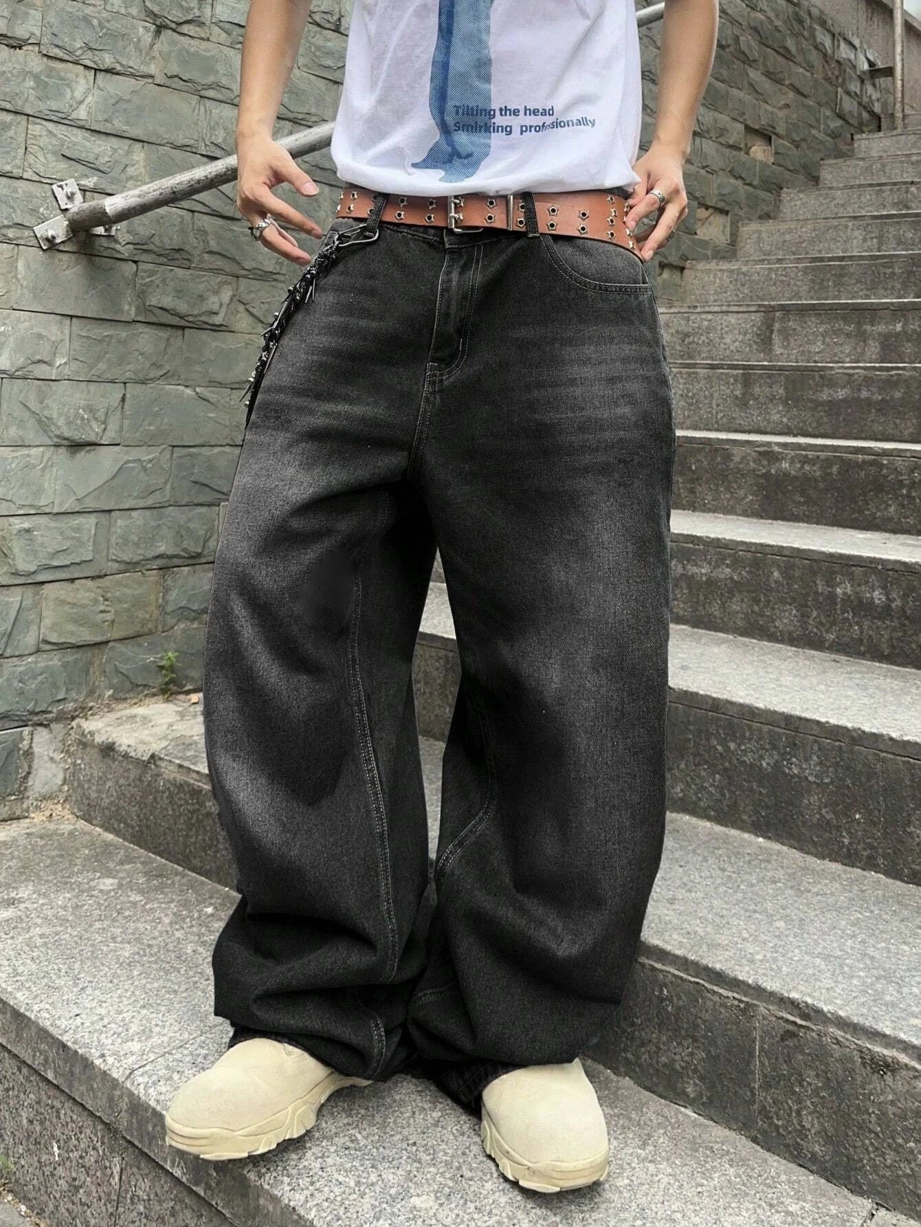 Threebooy  1Pc Men's Daily Travel Casual American Street Loose Jeans, Black, Light Blue, Sea Blue Fashion Street Style Retro Lantern Jeans Jeans Denim Pants