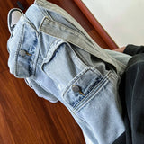 Threebooy New Men Cargo Jeans Wide Leg Pants Multiple Pockets Baggy Denim Trousers Hip Hop Streetwear Skateboard Neutral Male Clothes