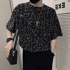 Threebooy Leopard Print Hollow Five-point Sleeve T-shirt Men's Summer Ice Silk Cool Short-sleeved 2025 New Men's Fashion Trend Top Chic