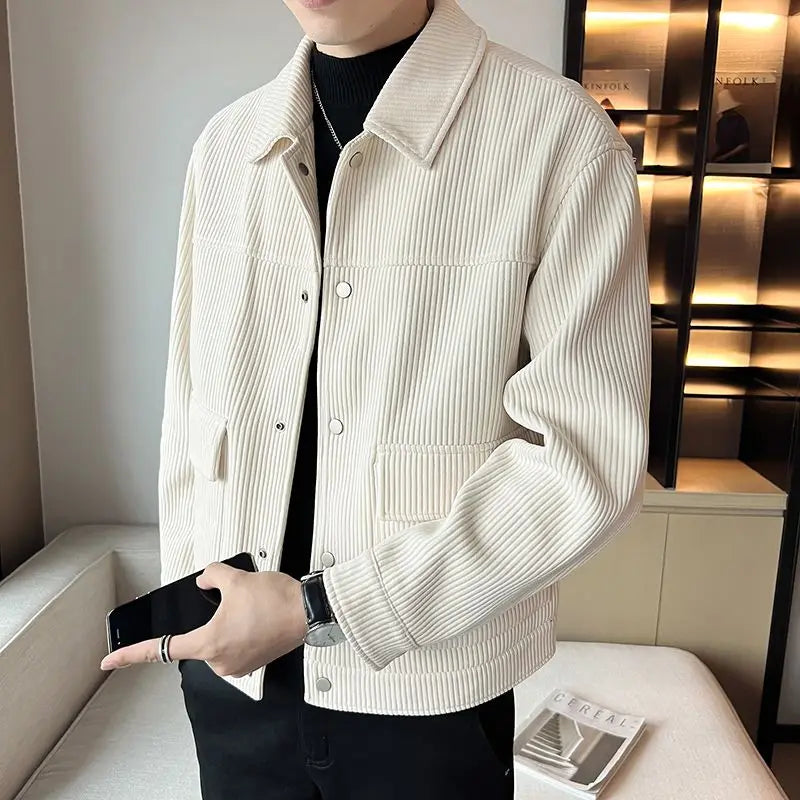 Threebooy Korean Style Fashionable High-end Jacket Men's Spring Autumn 2025 New Corduroy Top Trendy Handsome Loose Short Lapel Thin Jacket
