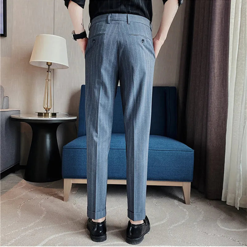 Threebooy  Autumn Winter Striped Suit Pants Men Clothing Korean Slim Fit Business Formal Wear Office Trousers Plus Size 29-36