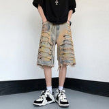 Threebooy Casual Streetwear HIP HOP Tie Dye Fashion Brand Broken Hole Denim Shorts Men's Summer High Street Trousers Straight Tube Ragged Edge Shorts