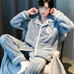 Threebooy Pajama Man Sleepwear Autumn Winter Warm Pajamas Set Coral Velvet Fleece Hooded Single Breasted Soft Nightwear Home Clothes New