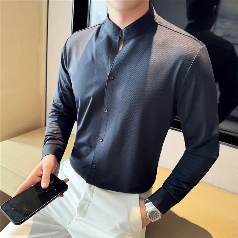 Threebooy  New Chinese Style Standing Collar Long Sleeved Shirt with High-end Feel High Elasticity and No Trace Standing Collar Shirt