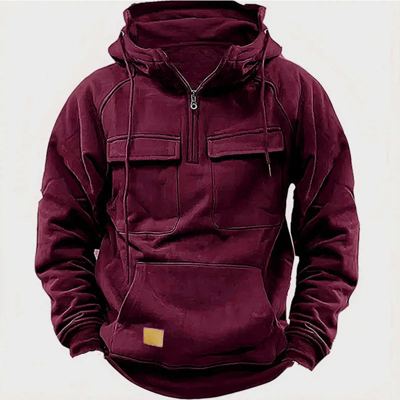 Threebooy Spring Autumn New Men's Hooded Solid Color Sweatshirt Multi Pocket Leather Patch Sports Coat