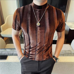 Threebooy  Spring/Summer Velvet Gradient T-shirt Men Short Sleeved High Neck Casual T-shirt Sim Fit Elastic Streetwear T Shirt Men Clothing
