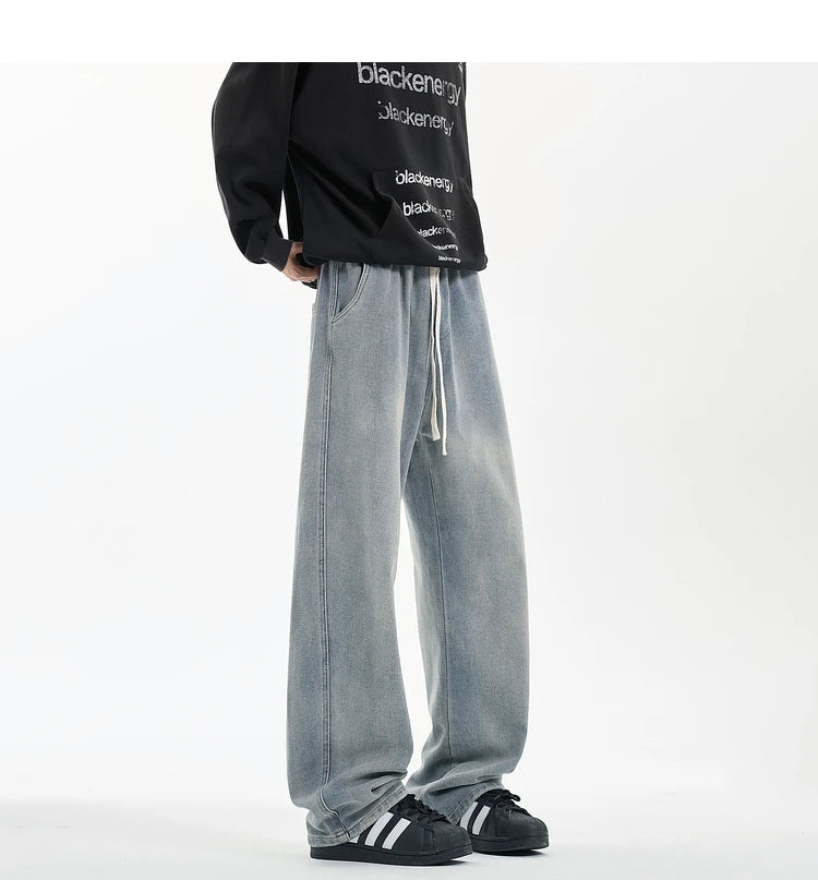 Threebooy New Men's Jeans Washed Jeans Pants Unisex Drawstring Denim Pants Male Streetwear Korean Straight cylinder loose Cowboy Trousers