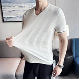 Threebooy New Men Short Sleeve Breathable Leisure O-neck Slim Fit T-shirts Male Fashion Ice Silk Knitted Tops Size Shirt S-3XL