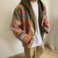 Threebooy Mens Jacket Rainbow Stripes Contrast Color Casual Jacket Autumn Streetwear Personality Retro Ethnic Jacket Men'S Clothing 2024