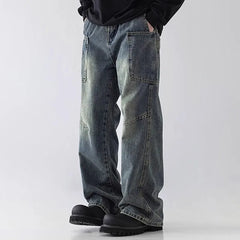 Threebooy Korean Style Large Pocket Workwear Jeans Retro Blue Men'S Baggy Jeans Straight Leg Pants Casual Wide Leg Pants Casual Pants