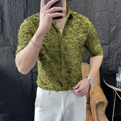 Threebooy  Fashion Lace Hollowed Out Shirt for Men Half Sleeve Sexy Nightclub Shirt Slim Fit Social Party Tuxedo Stage Performance Blouse