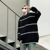 Threebooy Men Streetwear Harajuku Vintage Knitwears Oversized Knitted Sweater Winter Korean Fashions Striped Sweaters Pullovers