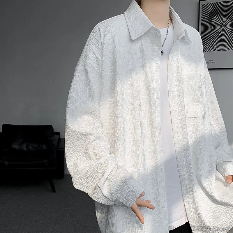 Threebooy High Quality Long Sleeve Ice Silk Shirts Men Loose Daily Casual Single Breasted Popular Streetwear Male Spring Autumn Harajuku