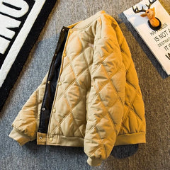 Threebooy Men's Parkas Rhombus Padded Cotton Winter Thickened Retro Casual Baseball Uniforms Warm Coat Stand Collar Single-breasted Coats