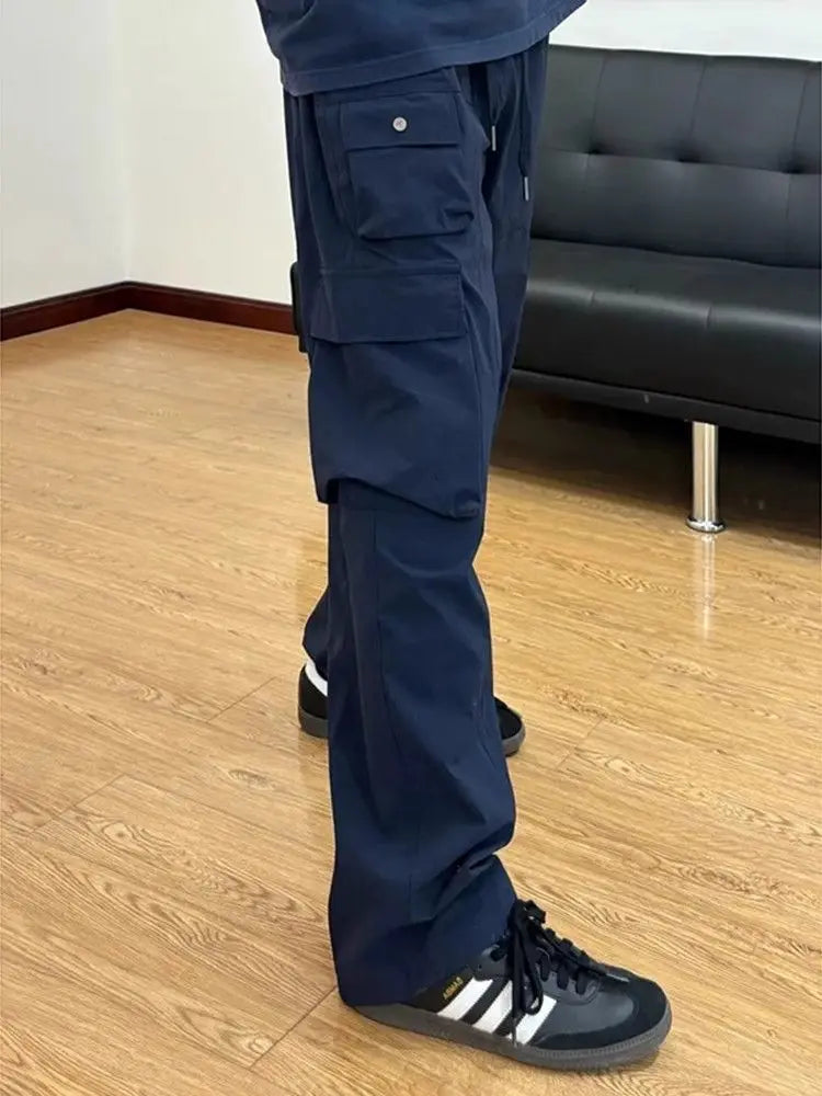 Threebooy  Mens New Straight Leg Work Pants Multi Pocket Drawstring Outdoor Hiking Trousers Japanese High Street Casual Long Pants