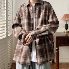 Threebooy Spring New Casual Plaid shirt Men's Loose Streetwear Long-sleeved Shirt Retro Shirts Men Classic American style shirt