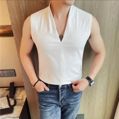 Threebooy  Summer V-neck Sleeveless T-shirt Men's Fashion Solid Color Vest Versatile Casual T-shirt Cotton Streetwear Social Tee Tops