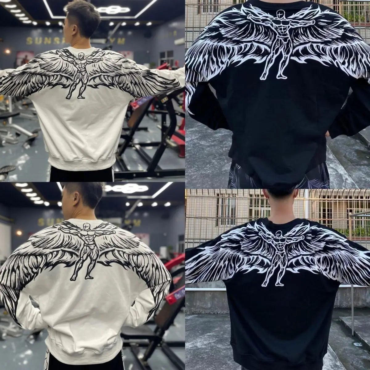 Threebooy Harajuku New Oversized Wing Pattern Round Neck Sweatshirt Men Clothing Casual Hip Hop Sports Long Sleeve Pullover Streetwear