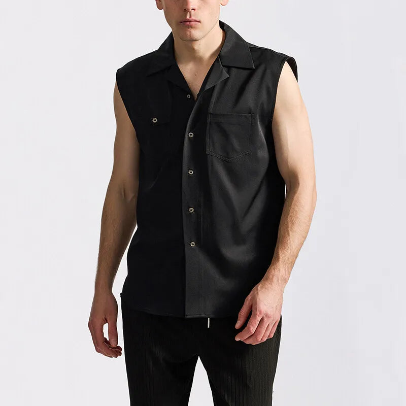 Threebooy  New Summer Men's Sleeveless Shirt Solid Color Pocket Single Breasted Nightclub Shirts Male Streetwear