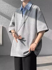 Threebooy  New Fake Two-piece Shirt Collar Short-sleeved T-shirt Men's Summer American Loose Versatile Pullover
