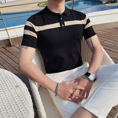 Threebooy High Quality Men's Knitted Ice Silk Polo Shirt Summer New High-end Business Casual Lapel Short Sleeve T-shirt