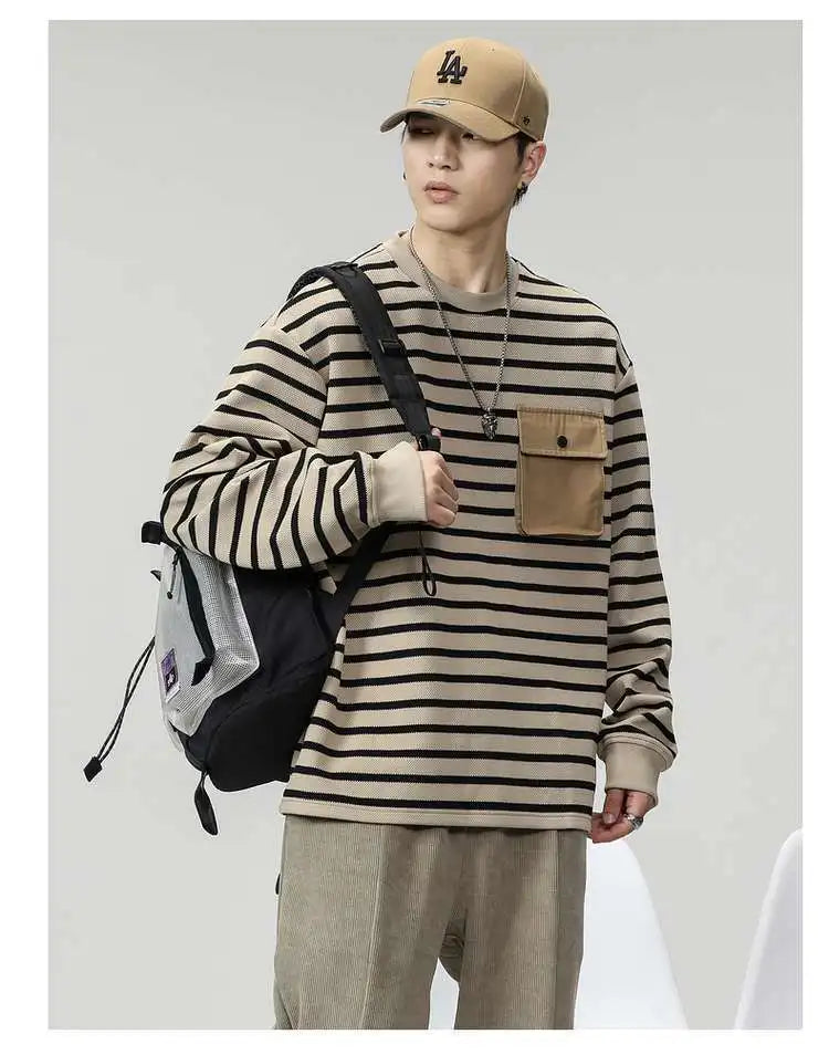 Threebooy Men's Striped Long Sleeved T-shirt Men's Trendy T-shirt Men's Hoodie Men's Base Shirt Top